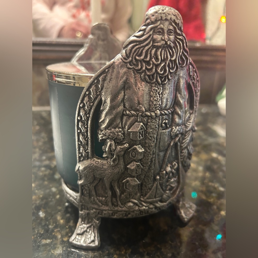 Pewter Santa Candle Jar Holder - Santa w Reindeer 6” tall x 4” Excellent cond
